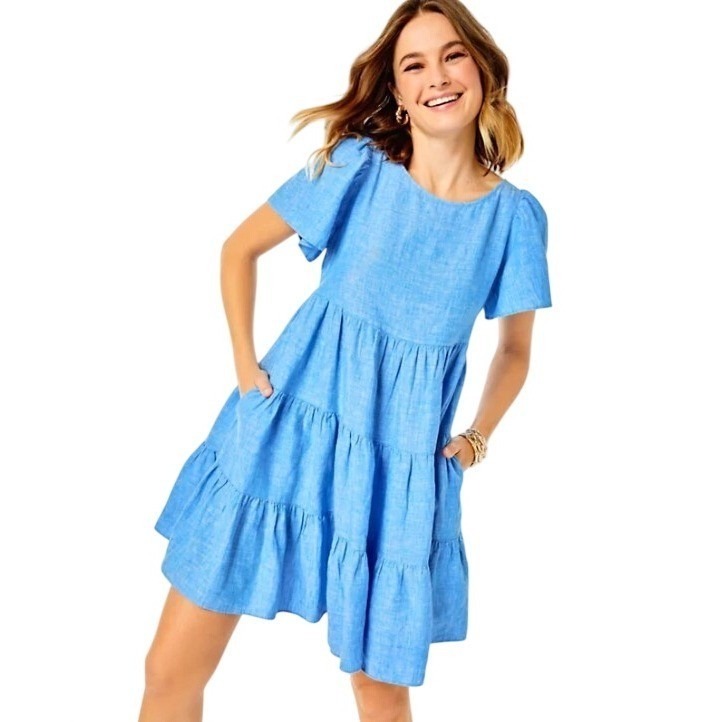 Lilly Pulitzer Jocelyn Short Sleeve Lagoon Linen Dress Boca Blue Tiered Mini S